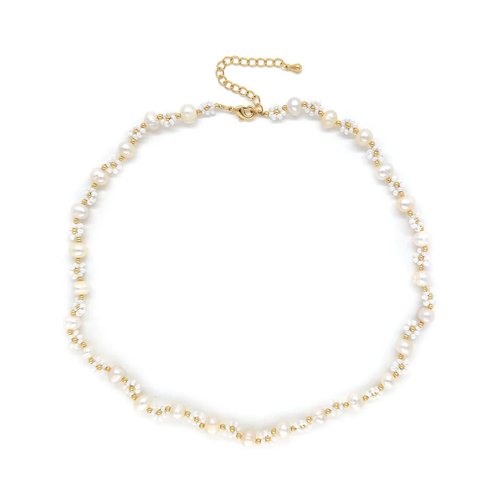 Women's Baroque Natural Pearl And Organic Glass Daisy Flower Handwoven Clavicle Chain With Geometric Styling - Image 5
