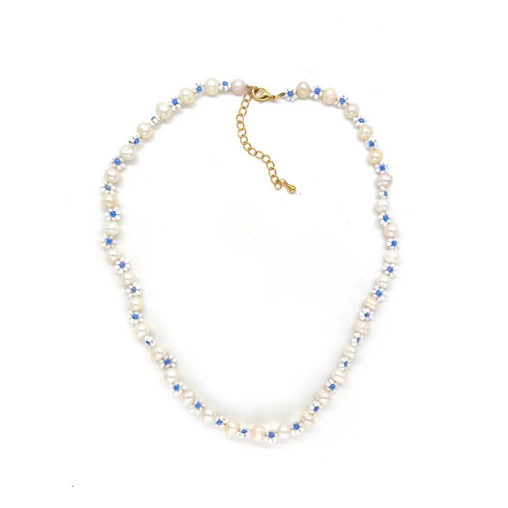 Women's Baroque Natural Pearl And Organic Glass Daisy Flower Handwoven Clavicle Chain With Geometric Styling - Image 9