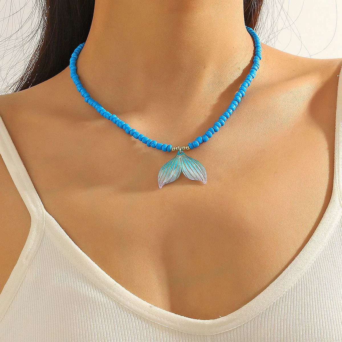 Women's Beaded Organic Glass Ball Chain Necklace With Geometric Pattern And Polishing Process - Image 2