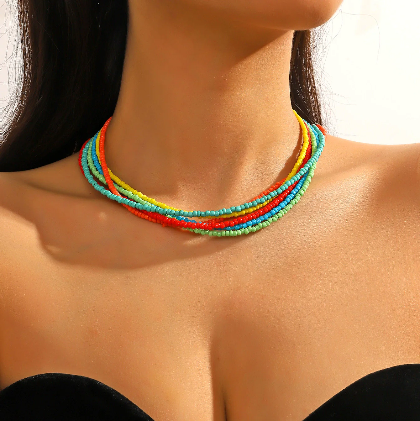 Women's Beaded Organic Glass Ball Chain Necklace With Geometric Pattern And Polishing Process - Image 3