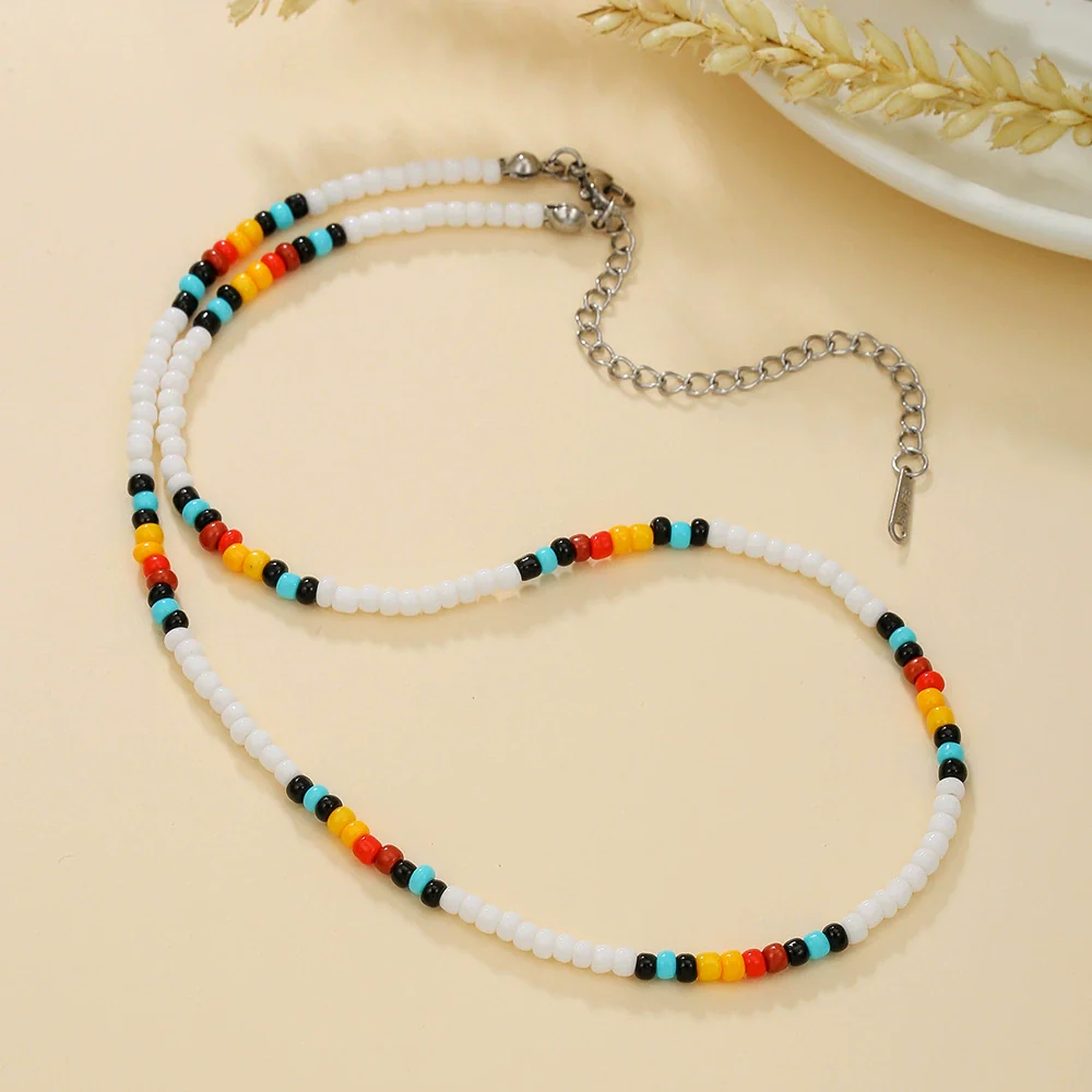 Women's Bohemian Casual Collarbone Necklace With Mixed Colorful Rice Beads And Glass Pendant Stainless Steel Handmade Geometric Style O Chain - Image 10