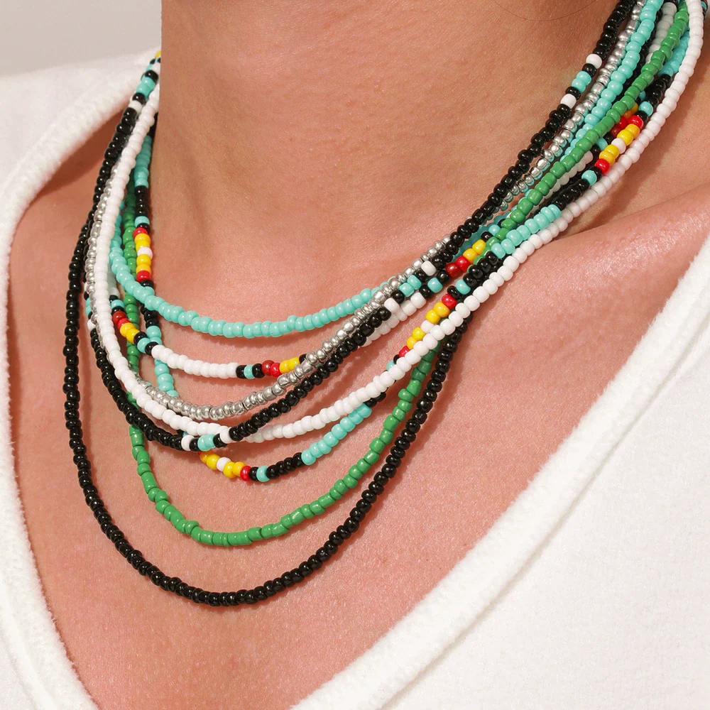 Women's Bohemian Casual Collarbone Necklace With Mixed Colorful Rice Beads And Glass Pendant Stainless Steel Handmade Geometric Style O Chain - Image 2