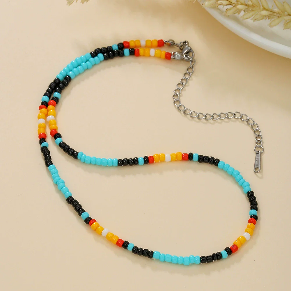 Women's Bohemian Casual Collarbone Necklace With Mixed Colorful Rice Beads And Glass Pendant Stainless Steel Handmade Geometric Style O Chain - Image 4