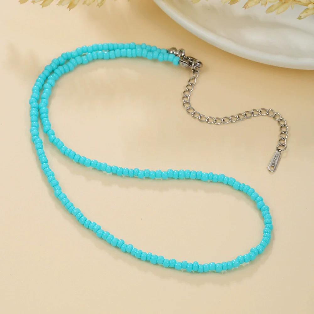 Women's Bohemian Casual Collarbone Necklace With Mixed Colorful Rice Beads And Glass Pendant Stainless Steel Handmade Geometric Style O Chain - Image 7