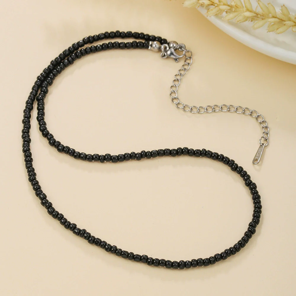Women's Bohemian Casual Collarbone Necklace With Mixed Colorful Rice Beads And Glass Pendant Stainless Steel Handmade Geometric Style O Chain - Image 9