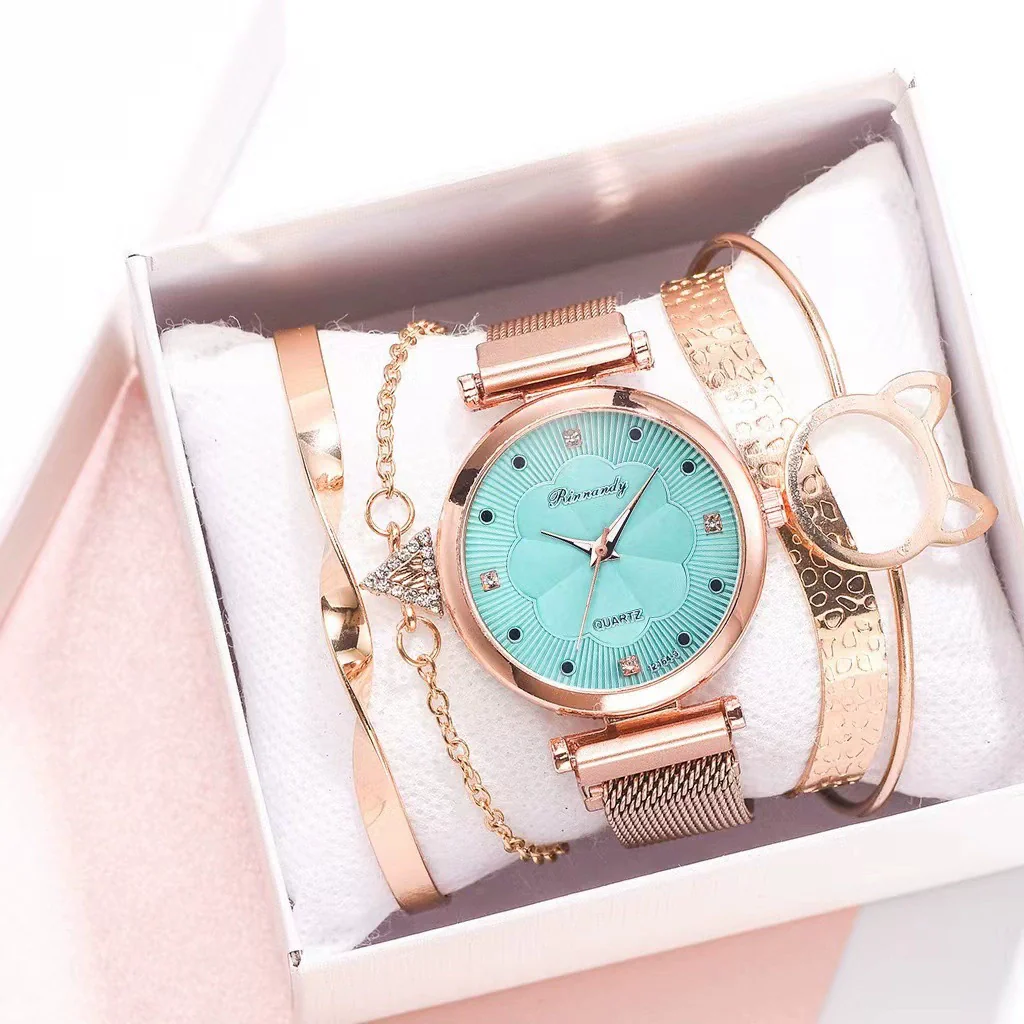 Women's Casual Alloy Case Quartz Watch Fivepiece Set With Magnet Strap And Diamond Flower Design - Image 10