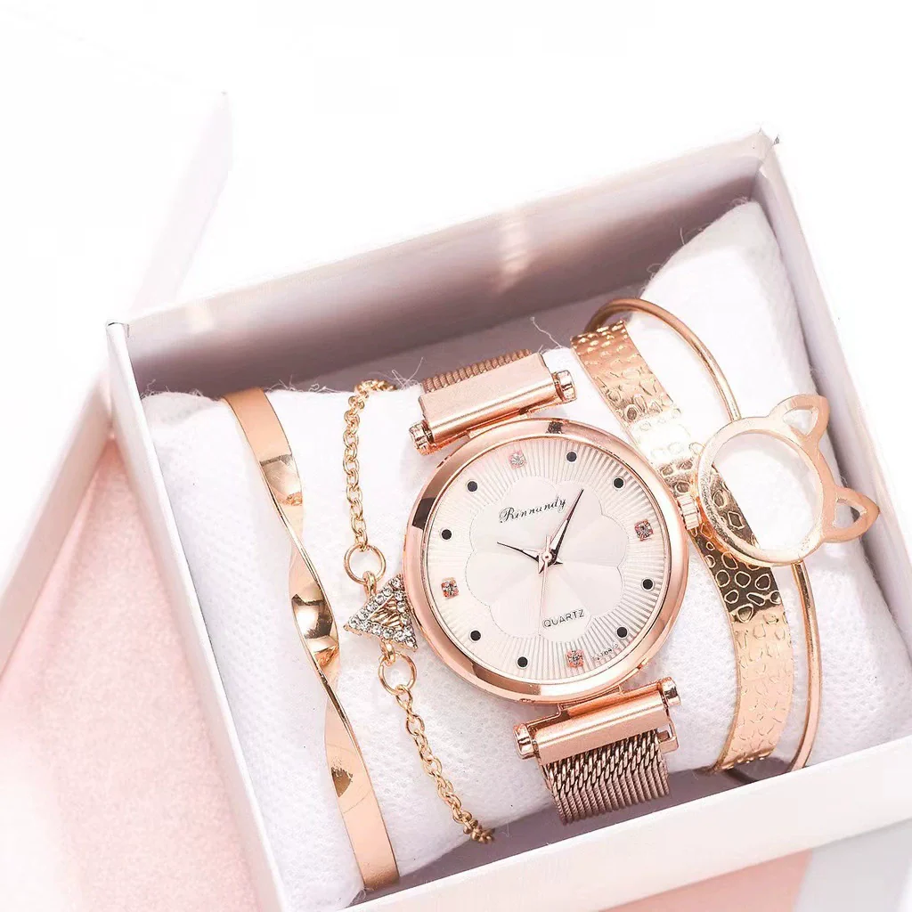 Women's Casual Alloy Case Quartz Watch Fivepiece Set With Magnet Strap And Diamond Flower Design - Image 9