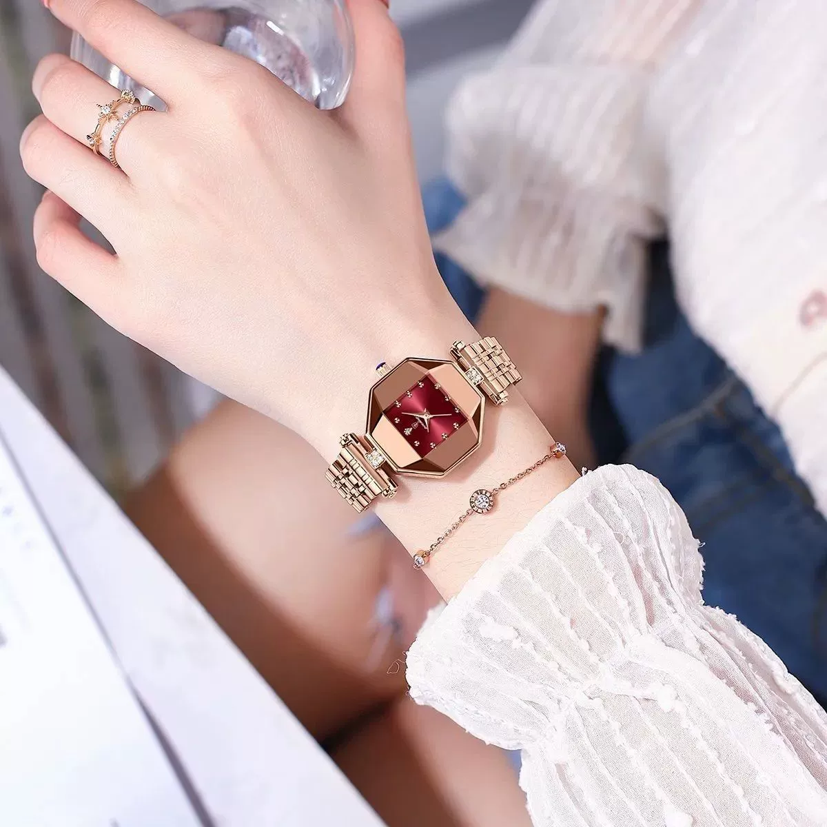 Women's Casual Fashion Quartz Watch Waterproof Ultrathin Alloy Case Stainless Steel Strap Rhombus Dial - Image 3