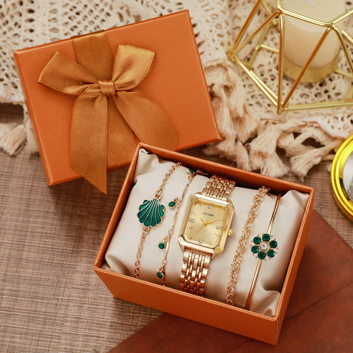 Women's Casual Square And Round Alloy Belt Emerald Quartz Watch And Diamond Flower Bracelet Set - Image 6