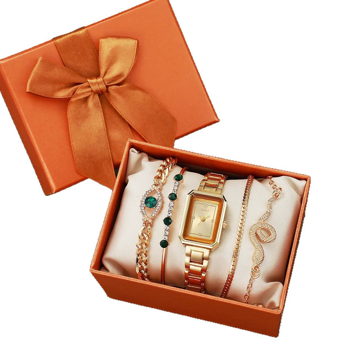 Women's Casual Square Steel Band Watch With Emerald Rhinestone Snake Eye Design Zinc Alloy Case And Alloy Strap - Image 5