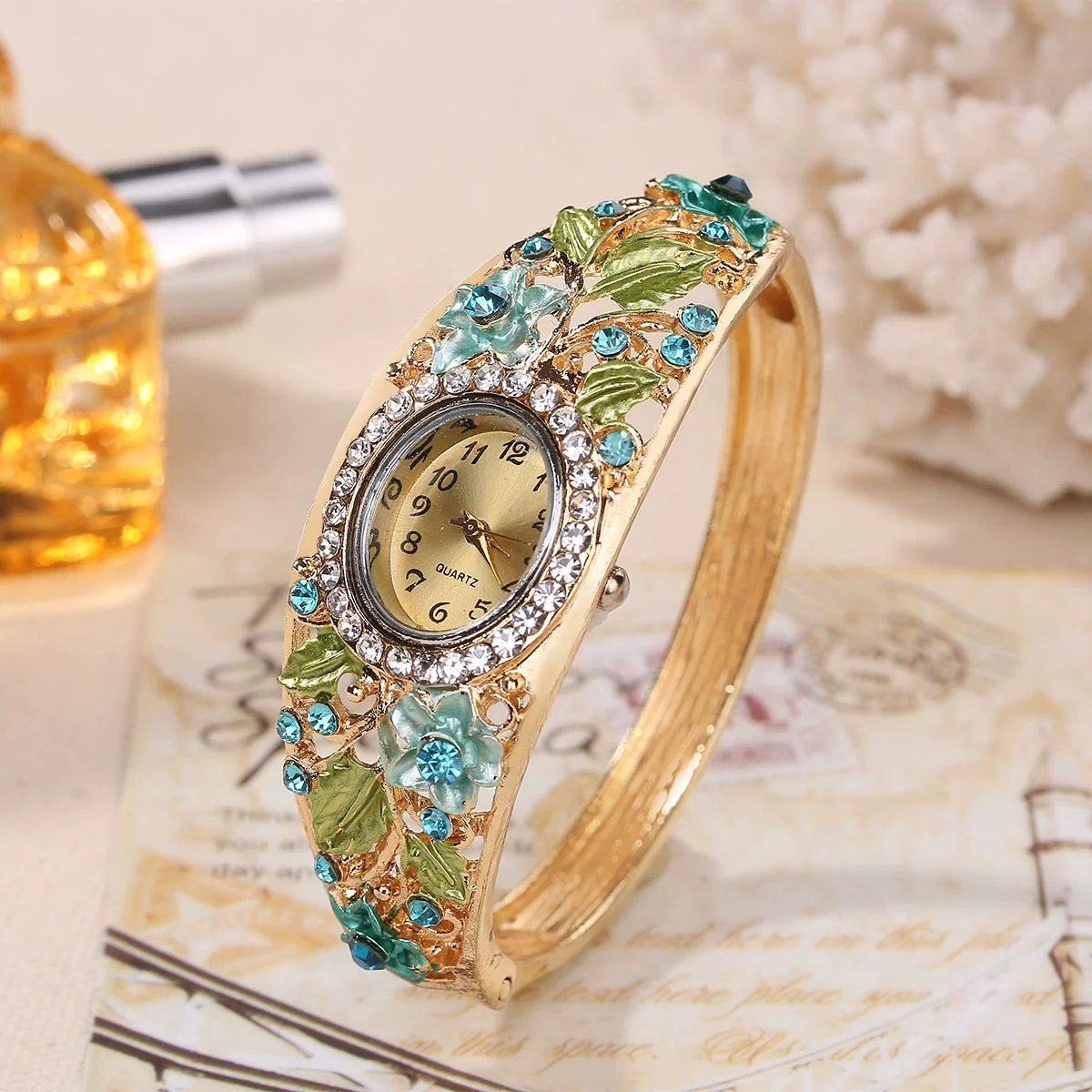 Women's Cloisonne Alloy Jewelry Set With Elegant Flowers And Oval Dial Retro Style Watch - Image 7
