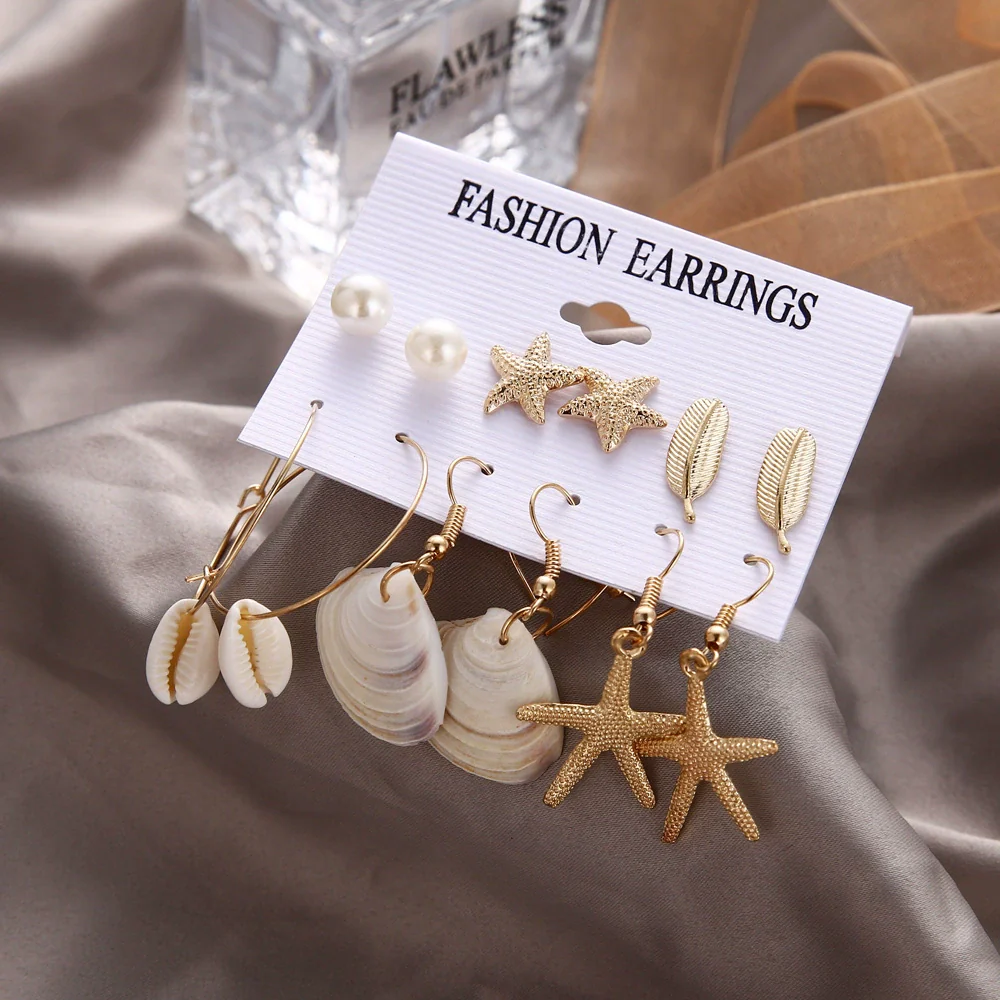 Women's Conch Series Earrings Mixed Material Geometric Inlaid With Pearls Seaside Beach Style - Image 3