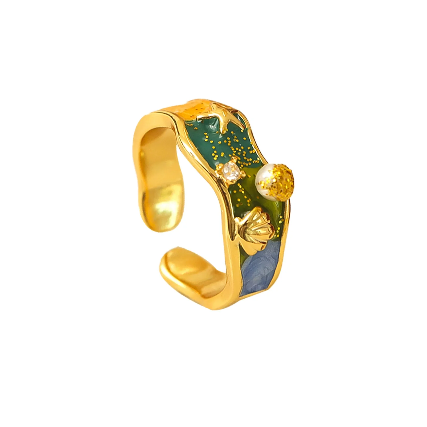 Women's Copper Blue Sea Starfish Shell Ring With Geometric Pattern And Electroplating Treatment - Image 5