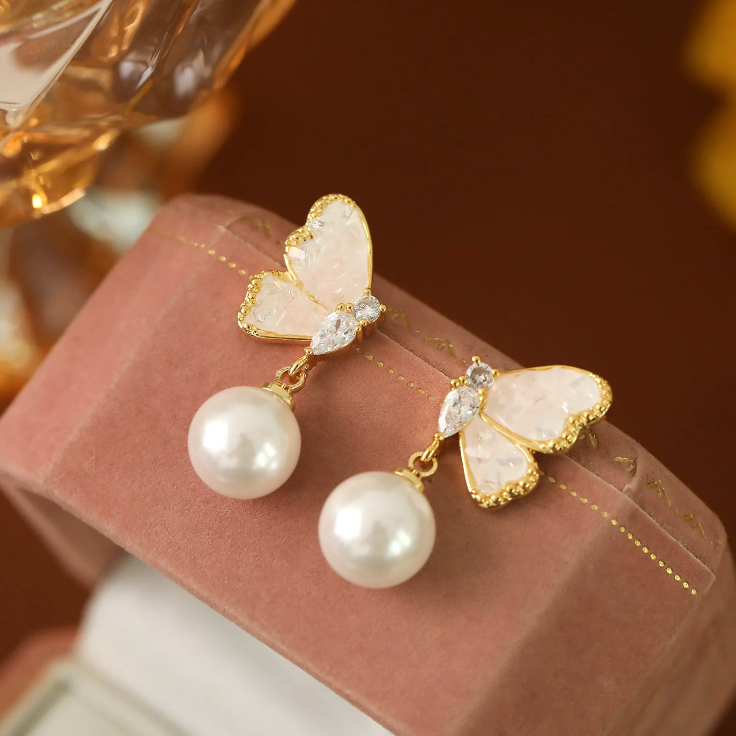 Women's Copper Crystal Blue Butterfly Pearl Geometric Bow Electroplated Earrings - Image 6