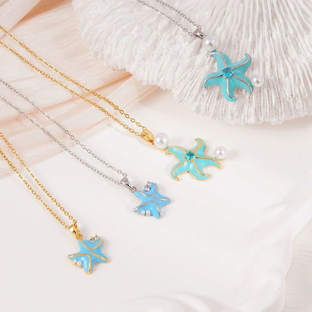 Women's Copper Gold Plated Animal Zodiac Starfish Pendant Necklace With Mixed Gemstone Setting And O Word Chain - Image 2