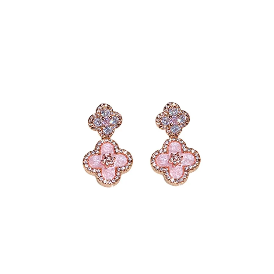 Women's Copper Pendant Earrings With 925 Silver Needle Set With Zirconia And Motherofpearl Flower Design Light Luxury Style - Image 5