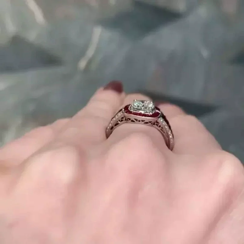 Women's Copper Simulation Red Corundum Zircon Ring With Geometric Style - Image 3