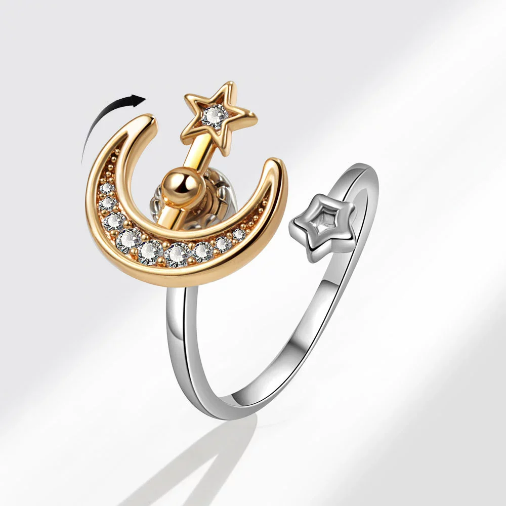 Women's Copper Star And Moon Open Ring With Geometric Pattern And Electroplating Treatment