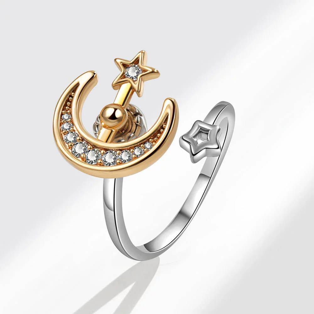 Women's Copper Star And Moon Open Ring With Geometric Pattern And Electroplating Treatment - Image 6