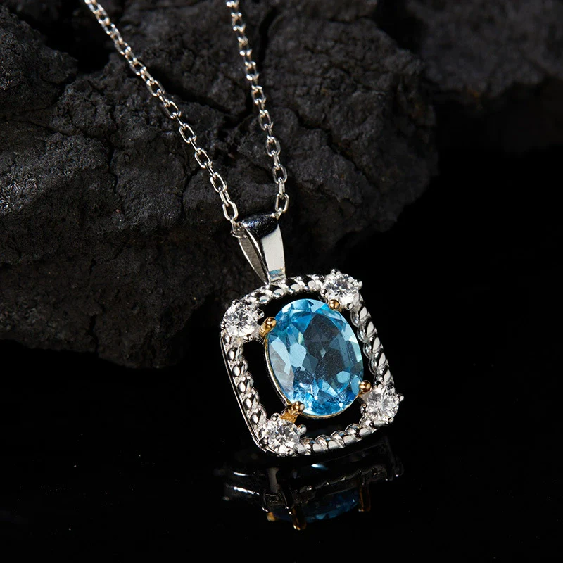 Women's Elegant Geometric Jewelry 925 Sterling Silver Inlaid Natural Topaz Pendant Necklace