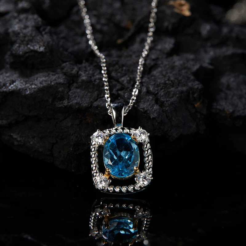Women's Elegant Geometric Jewelry 925 Sterling Silver Inlaid Natural Topaz Pendant Necklace - Image 2
