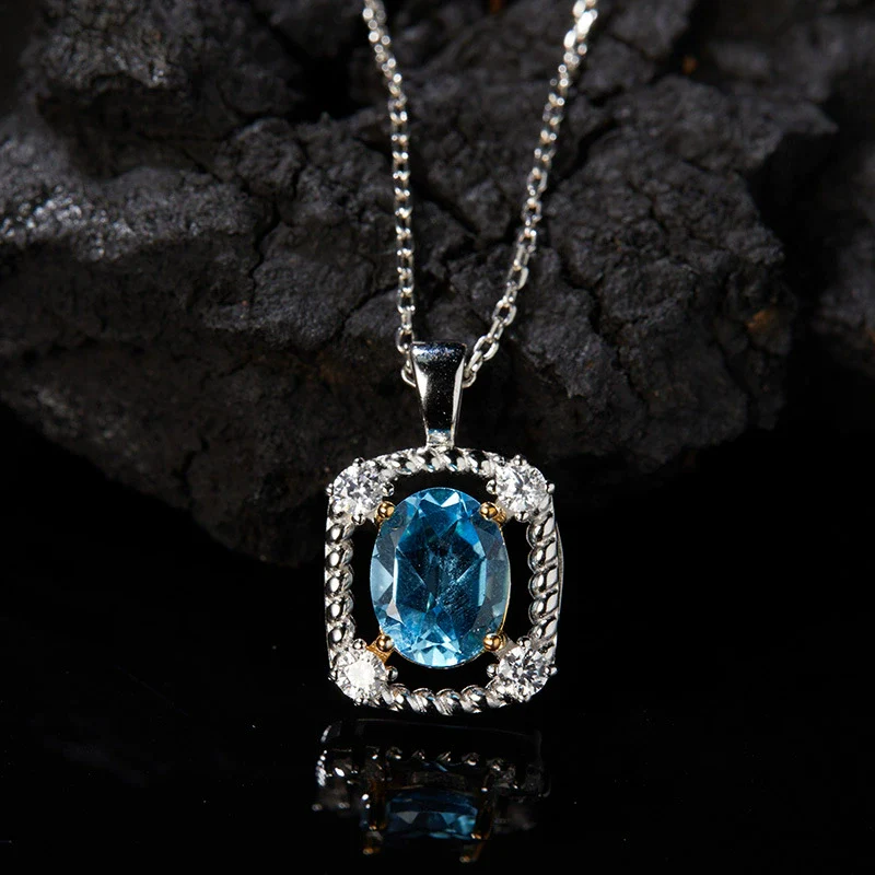 Women's Elegant Geometric Jewelry 925 Sterling Silver Inlaid Natural Topaz Pendant Necklace - Image 3