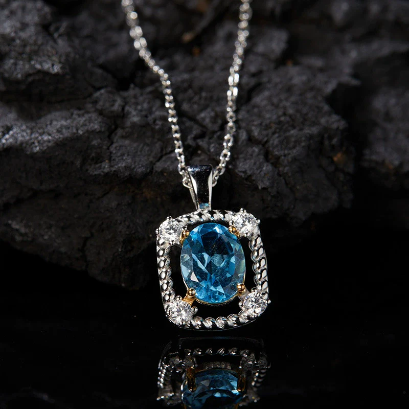Women's Elegant Geometric Jewelry 925 Sterling Silver Inlaid Natural Topaz Pendant Necklace - Image 4