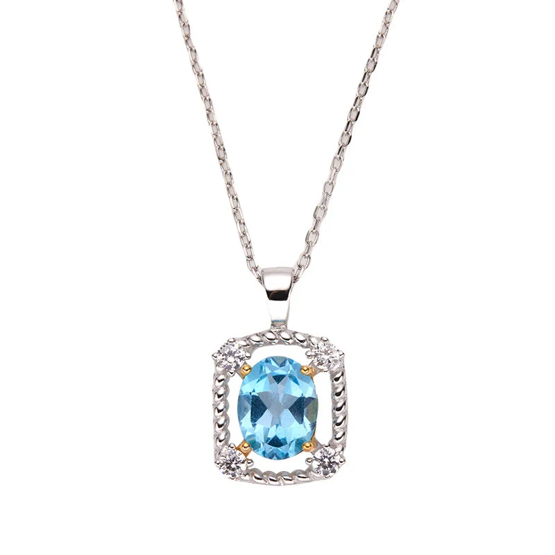 Women's Elegant Geometric Jewelry 925 Sterling Silver Inlaid Natural Topaz Pendant Necklace - Image 5