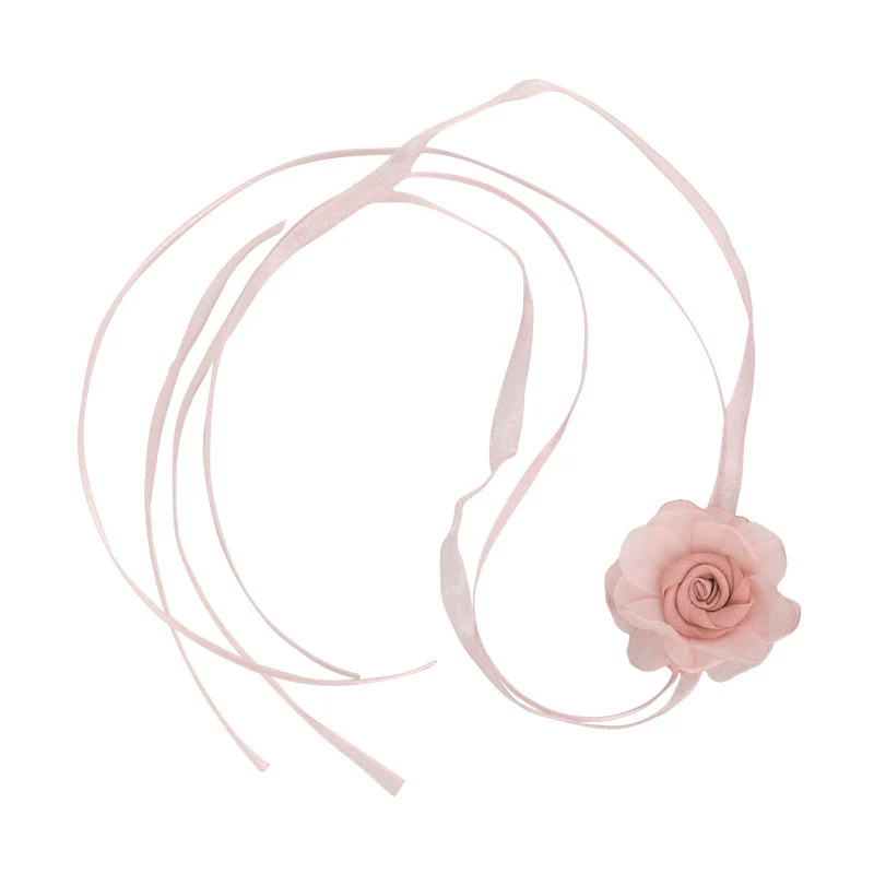 Women's Fabric Handmade Flower Pattern Camellia Bow Tie Necklace Choker Clavicle Chain - Image 5