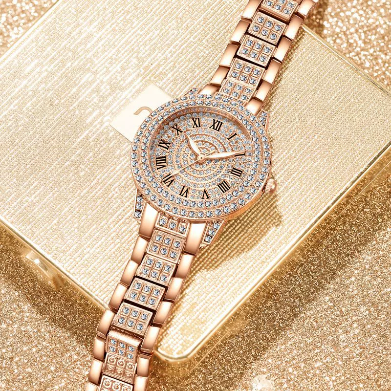 Women's Fashion Alloy Metal Roman Pattern Diamondencrusted Watch Bracelet With Copper Clasp And Round Dial - Image 3