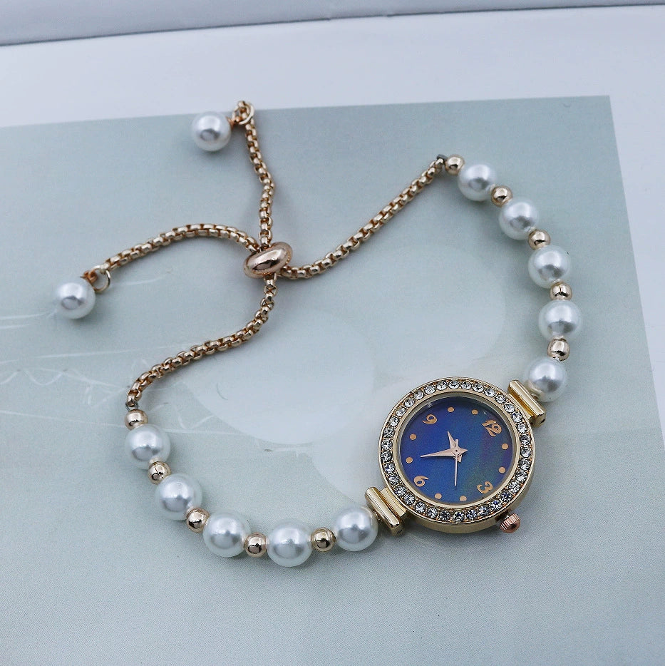 Women's Fashion Diamondencrusted Pearl Alloy Watch With Round Dial