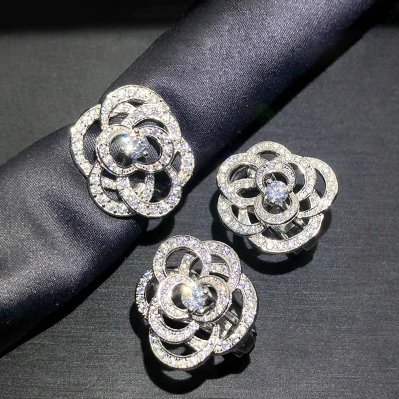 Women's Fashion Jewelry Copper Ring And Earrings With Camellia Pattern And Zirconia Design - Image 5