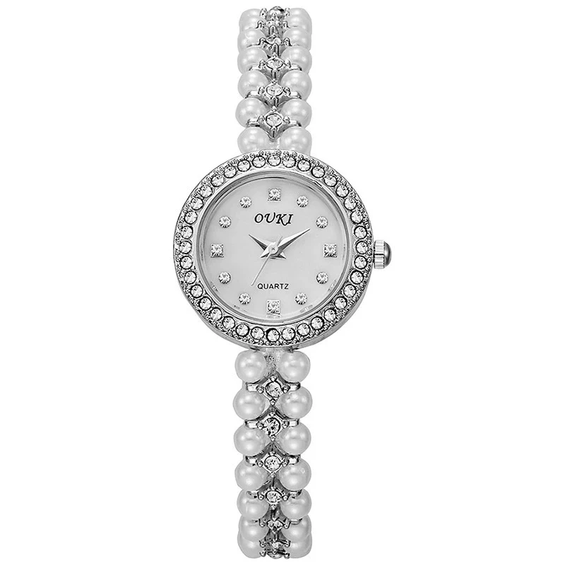 Women's Fashion Metal Alloy Stainless Steel Pearl Chain Round Dial Fritillary Pattern Watch - Image 6