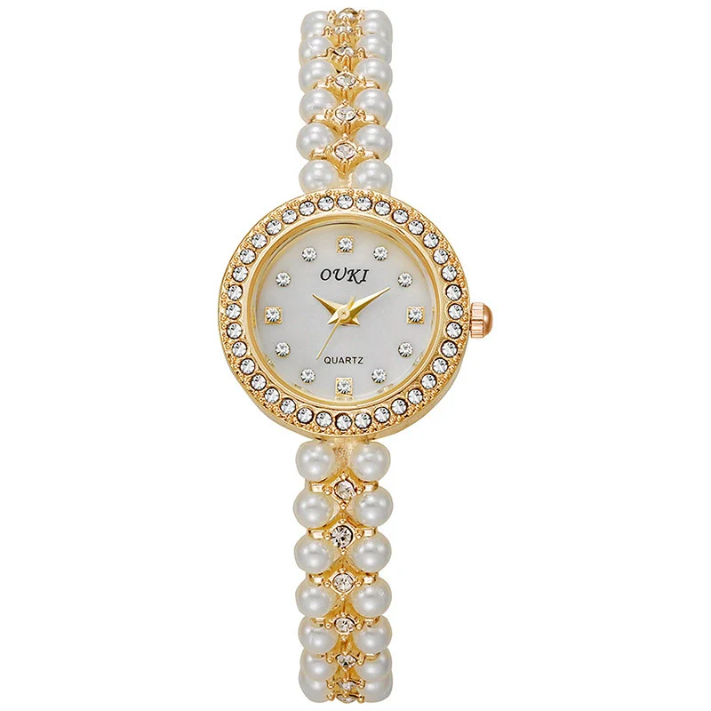 Women's Fashion Metal Alloy Stainless Steel Pearl Chain Round Dial Fritillary Pattern Watch - Image 7