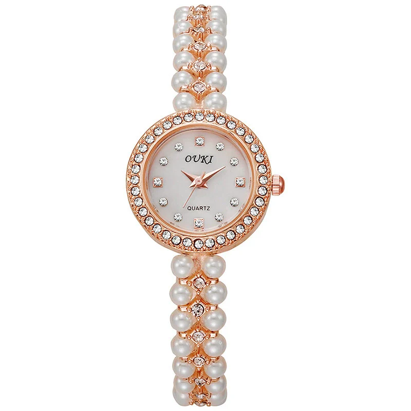 Women's Fashion Metal Alloy Stainless Steel Pearl Chain Round Dial Fritillary Pattern Watch - Image 8