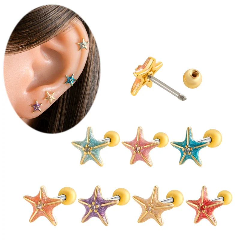Women's Fashion Metal Starfish Flower Painted Oil Electroplated Titanium Steel Ear Nails