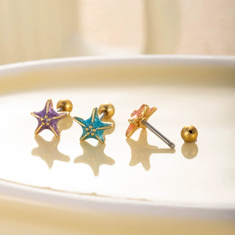Women's Fashion Metal Starfish Flower Painted Oil Electroplated Titanium Steel Ear Nails - Image 4