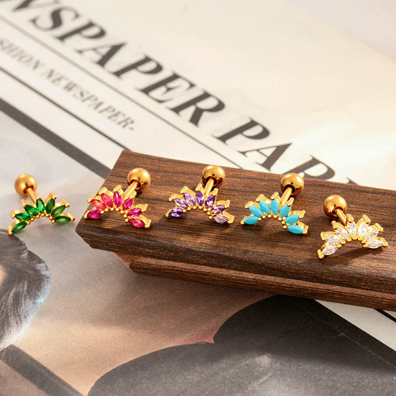 Women's Fashion Ol Colorful Marquiseshaped Flowerpatterned Zircon Inlaid Stainless Steel Electroplated Cartilage Piercing Earrings - Image 2