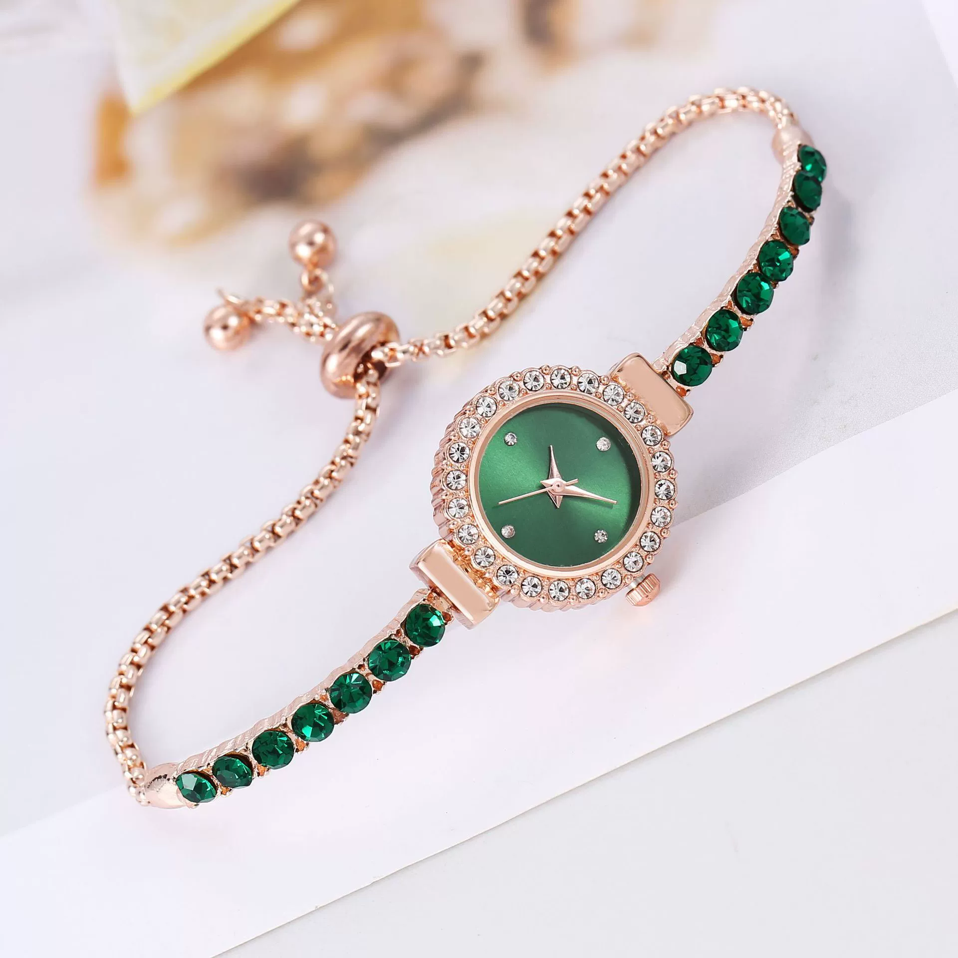 Women's Fashion Rhinestone Thin Strap Leather And Stainless Steel Quartz Watch With Rectangular Dial - Image 2