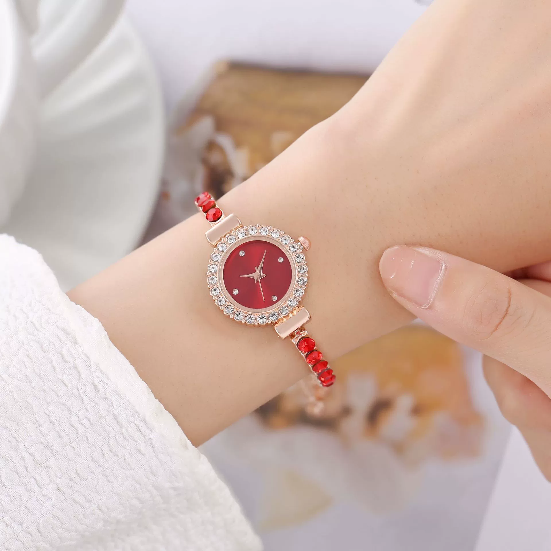 Women's Fashion Rhinestone Thin Strap Leather And Stainless Steel Quartz Watch With Rectangular Dial - Image 4