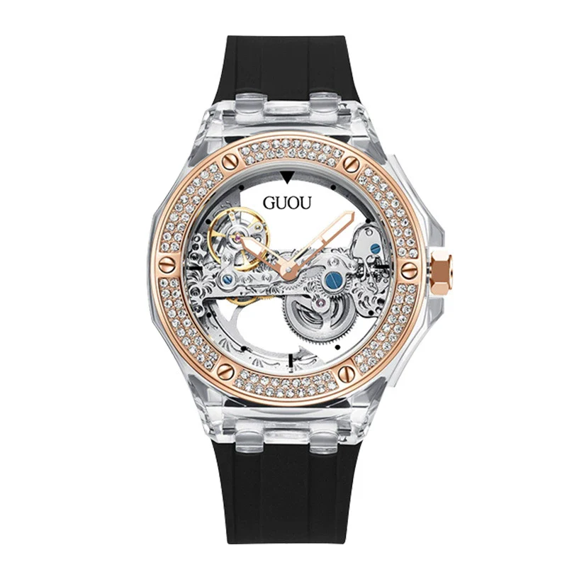 Women's Fashion Simple Alloy Case Mineral Reinforced Glass Mirror Silicone Strap Round Dial Mechanical Watch With Rhinestones And Waterproof Function - Image 5