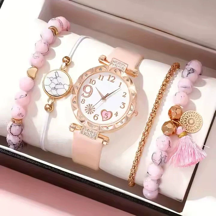 Women's Fashion Watch Bracelet Set Alloy Imitation Leather Rose Gold Buckle Round Quartz Watch - Image 6