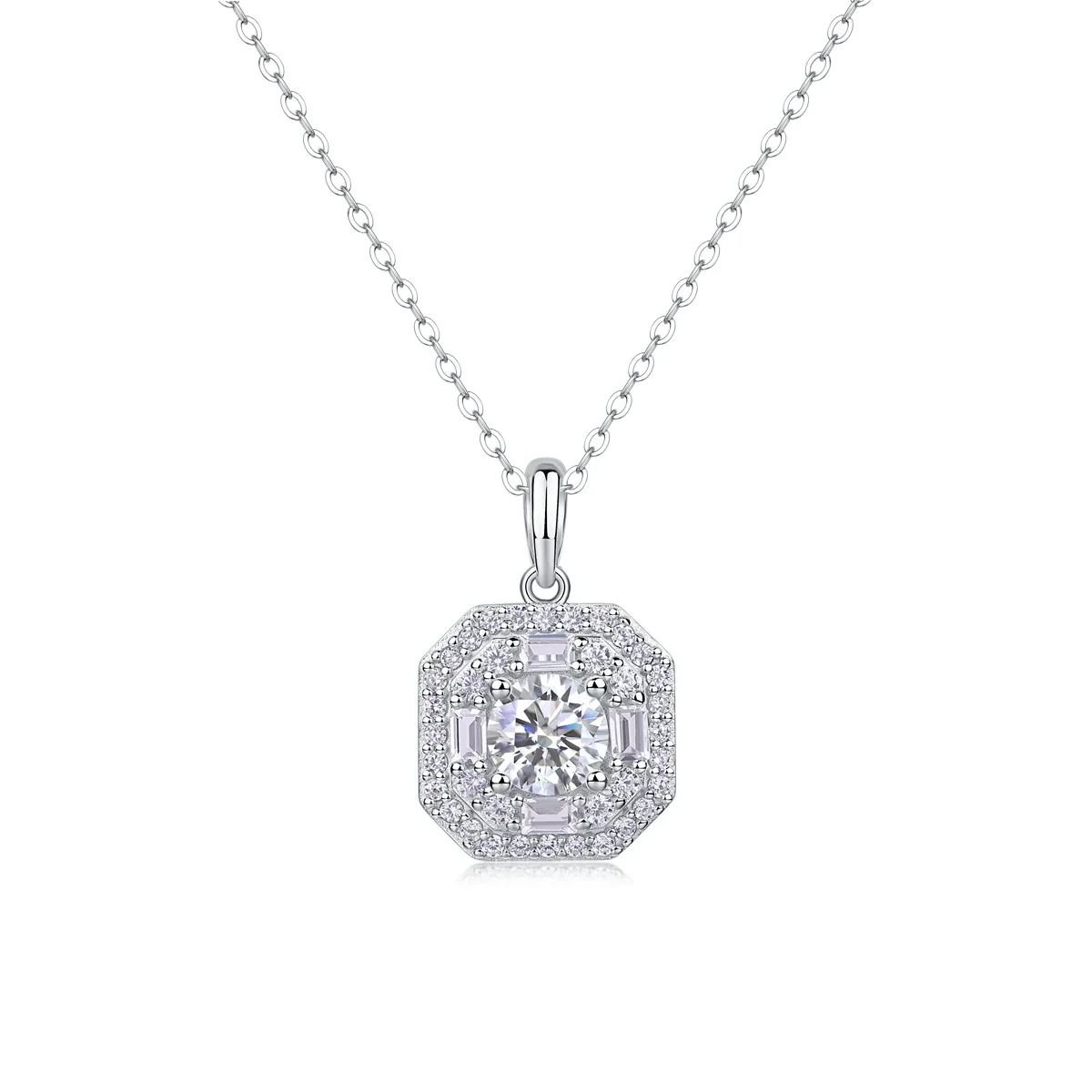 Women's Fashionable Geometric S925 Silver Pendant Necklace With Moissanite Inlay And Cross Chain - Image 4
