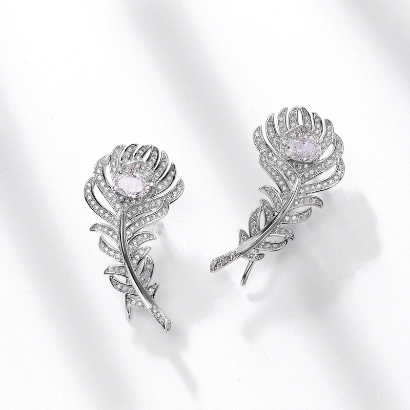 Women's Feather Earrings S925 Silver Ice Flower Cut High Carbon Diamond Geometric Design - Image 2