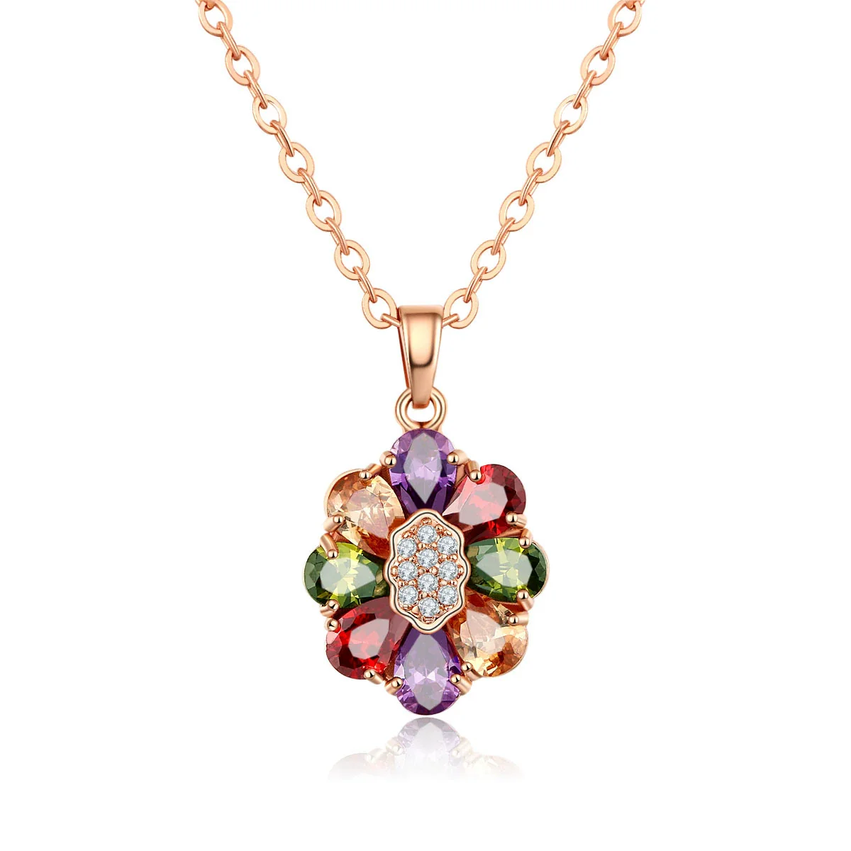 Women's Flower Shaped Colorful Fairy Flower Necklace Made Of Environmentally Friendly Copper Goldplated With Zircon Pendant