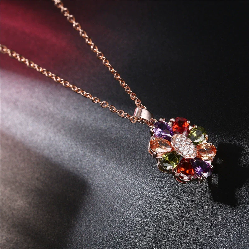 Women's Flower Shaped Colorful Fairy Flower Necklace Made Of Environmentally Friendly Copper Goldplated With Zircon Pendant - Image 3