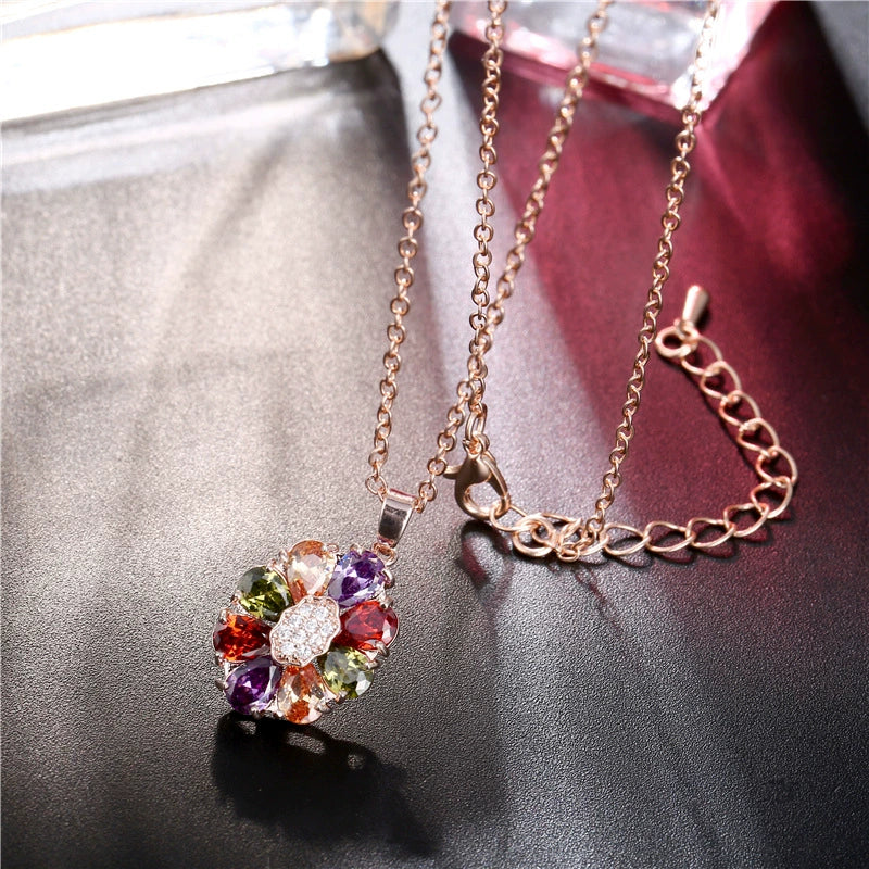 Women's Flower Shaped Colorful Fairy Flower Necklace Made Of Environmentally Friendly Copper Goldplated With Zircon Pendant - Image 4