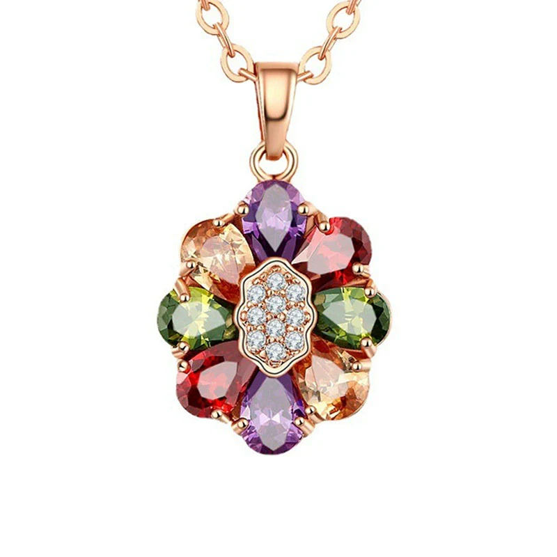 Women's Flower Shaped Colorful Fairy Flower Necklace Made Of Environmentally Friendly Copper Goldplated With Zircon Pendant - Image 5