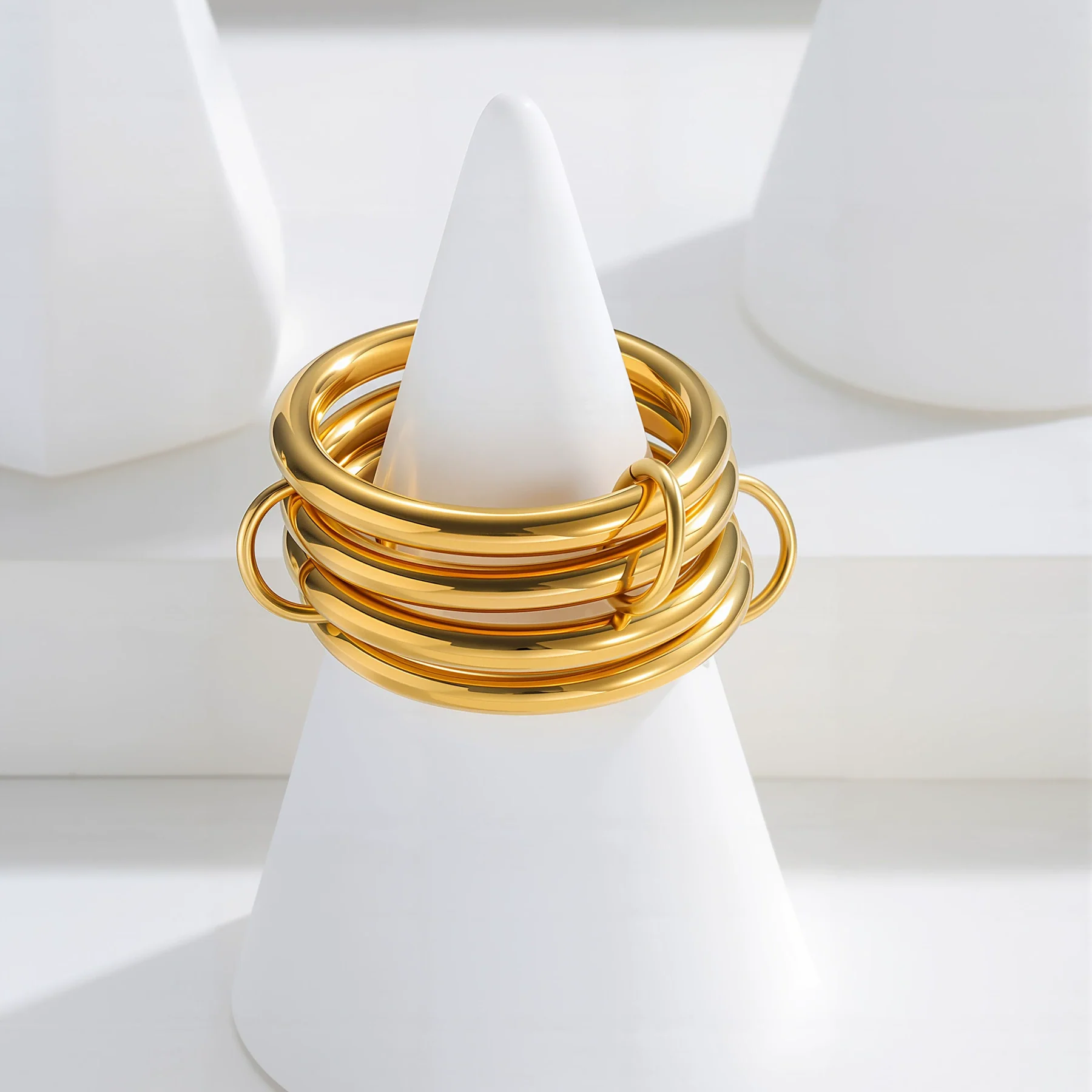 Women's Fourlayer Stacked Ring Titanium Steel 18K Gold Plated Geometric Style Hand Jewelry - Image 3