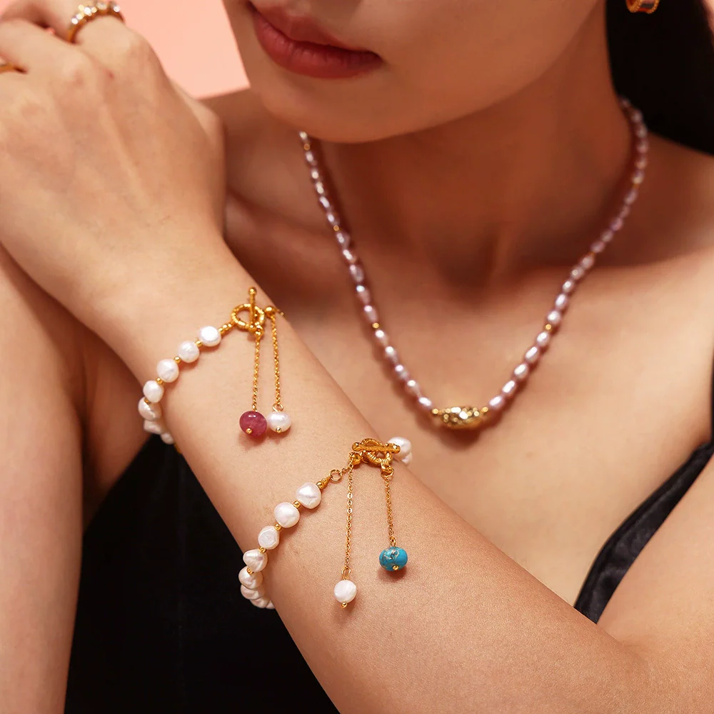 Women's Freshwater Pearl And Titanium Steel Bracelet With Geometric Pattern Natural Stone Pendant And Electroplating Ot Buckle And Tassel - Image 4